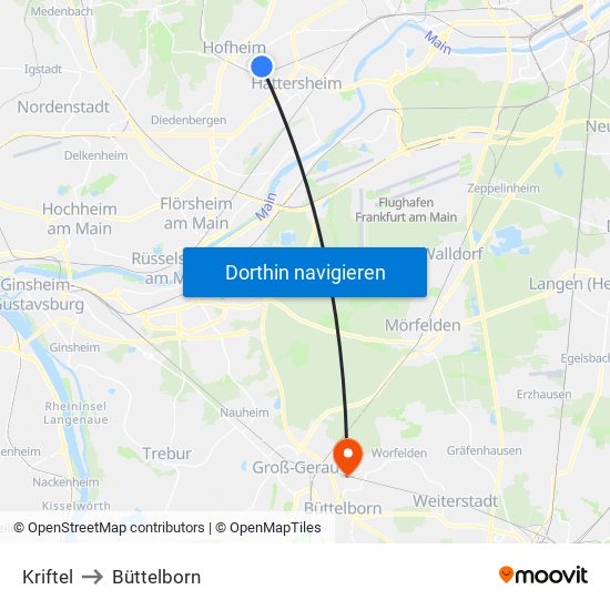 Kriftel to Büttelborn map