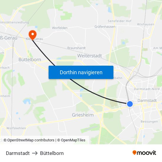 Darmstadt to Büttelborn map