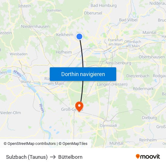 Sulzbach (Taunus) to Büttelborn map