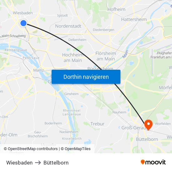 Wiesbaden to Büttelborn map