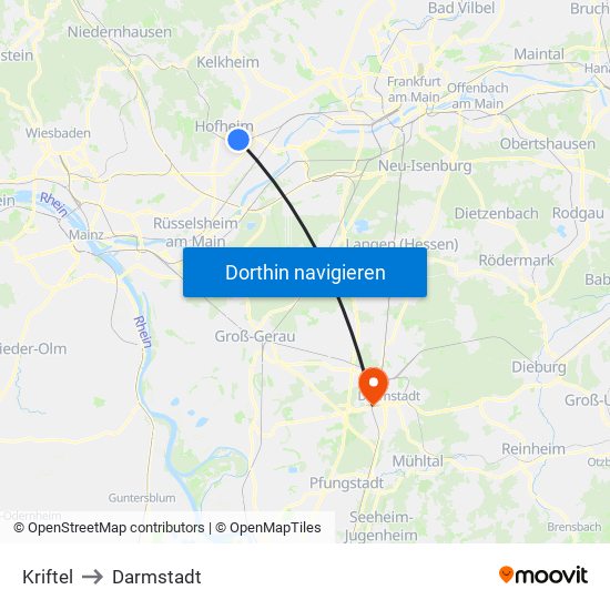 Kriftel to Darmstadt map