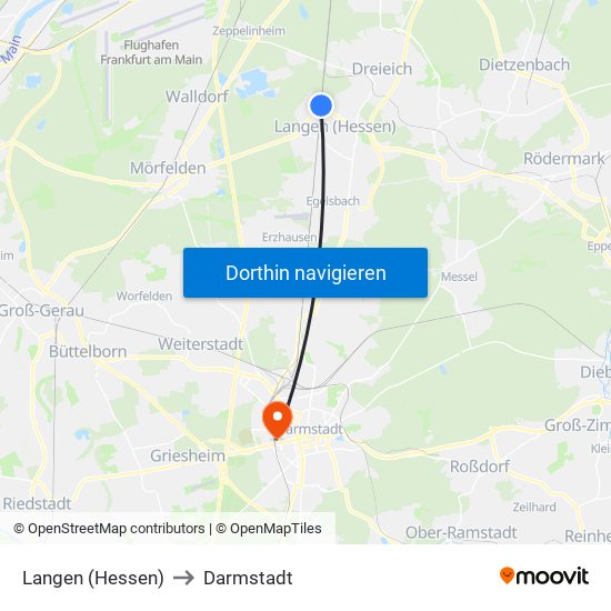 Langen (Hessen) to Darmstadt map