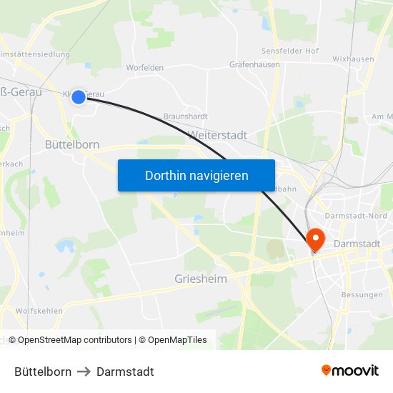 Büttelborn to Darmstadt map