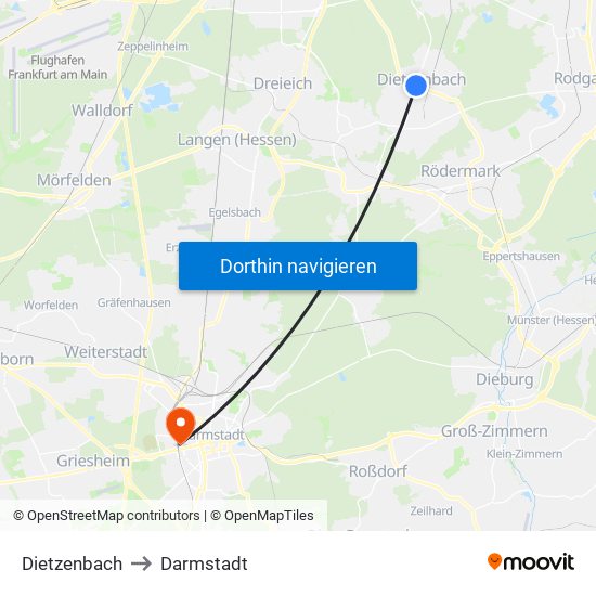 Dietzenbach to Darmstadt map