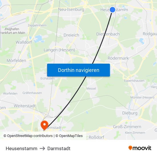Heusenstamm to Darmstadt map