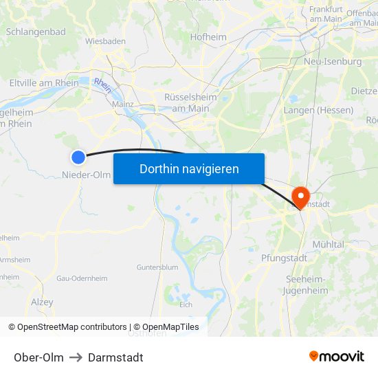 Ober-Olm to Darmstadt map