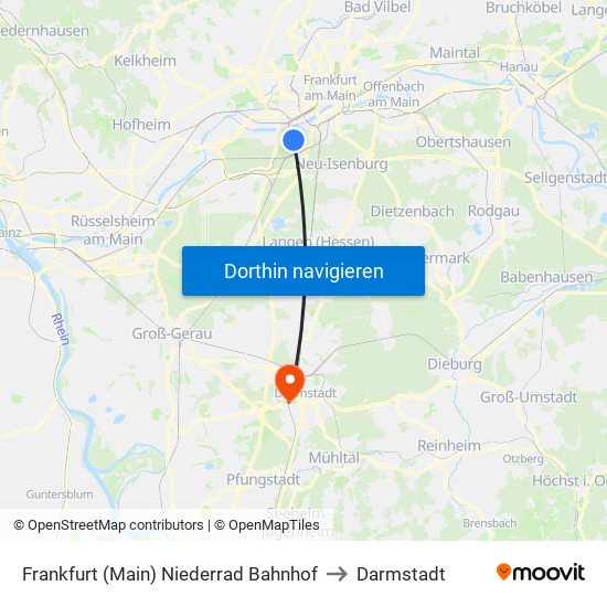 Frankfurt (Main) Niederrad Bahnhof to Darmstadt map