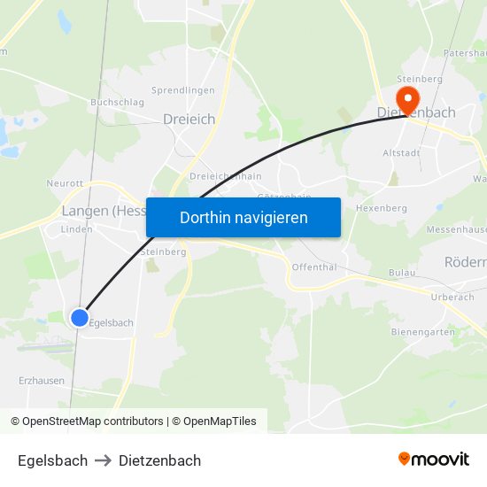 Egelsbach to Dietzenbach map