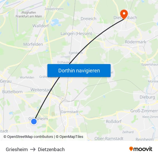 Griesheim to Dietzenbach map