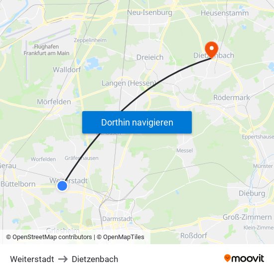 Weiterstadt to Dietzenbach map