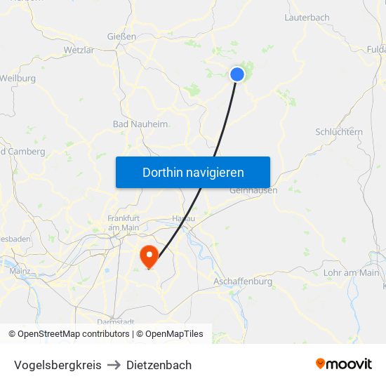 Vogelsbergkreis to Dietzenbach map