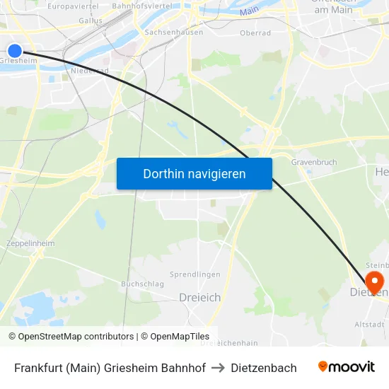 Frankfurt (Main) Griesheim Bahnhof to Dietzenbach map