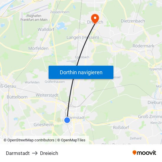 Darmstadt to Dreieich map