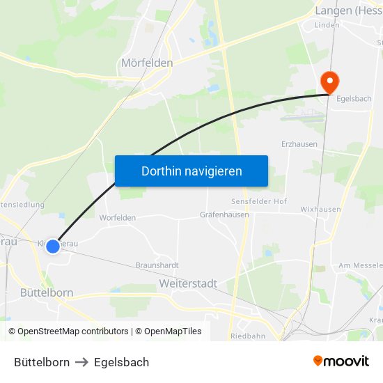Büttelborn to Egelsbach map