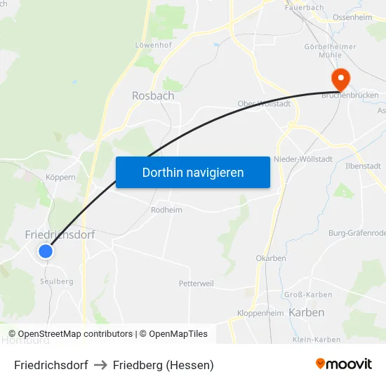 Friedrichsdorf to Friedberg (Hessen) map