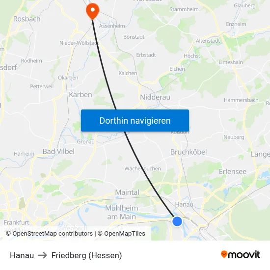 Hanau to Friedberg (Hessen) map
