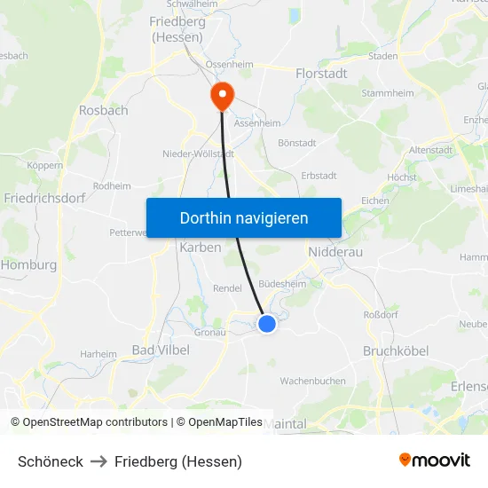 Schöneck to Friedberg (Hessen) map