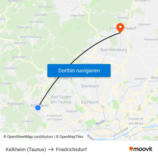 Kelkheim (Taunus) to Friedrichsdorf map