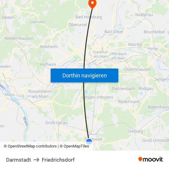 Darmstadt to Friedrichsdorf map