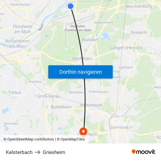 Kelsterbach to Griesheim map