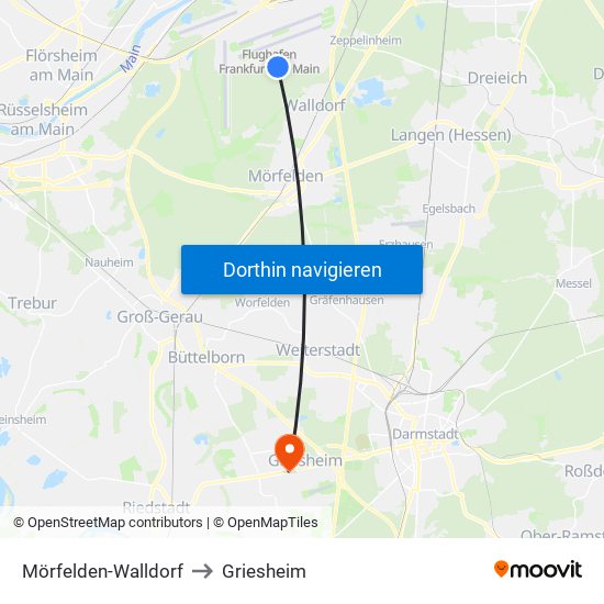 Mörfelden-Walldorf to Griesheim map