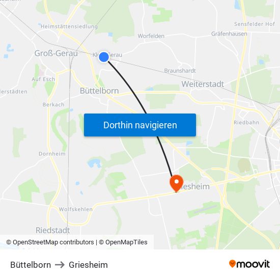 Büttelborn to Griesheim map