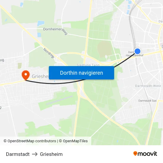 Darmstadt to Griesheim map