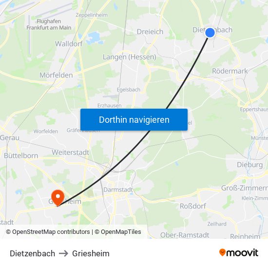 Dietzenbach to Griesheim map