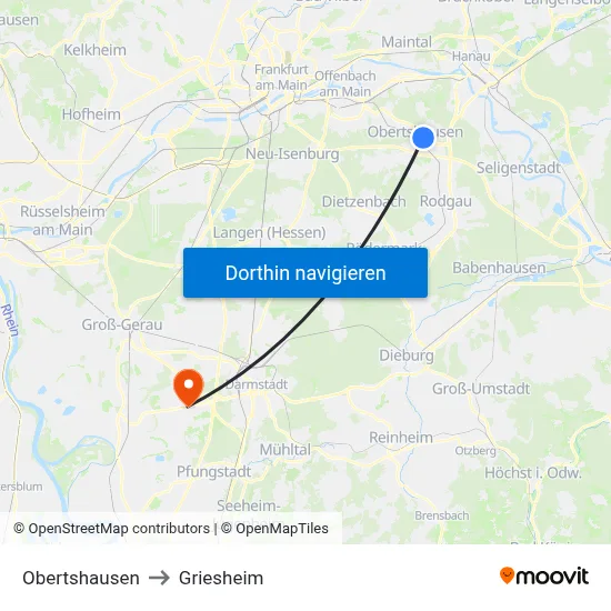 Obertshausen to Griesheim map