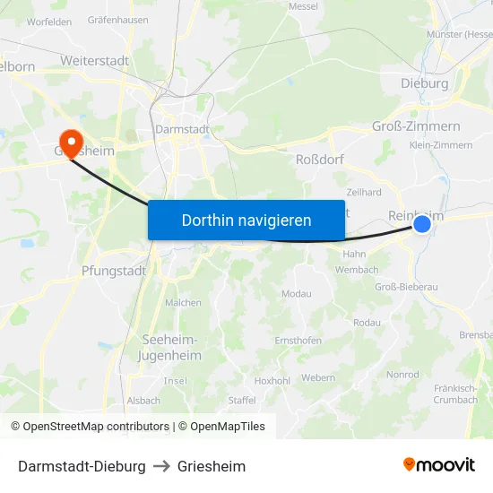Darmstadt-Dieburg to Griesheim map