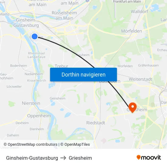 Ginsheim-Gustavsburg to Griesheim map