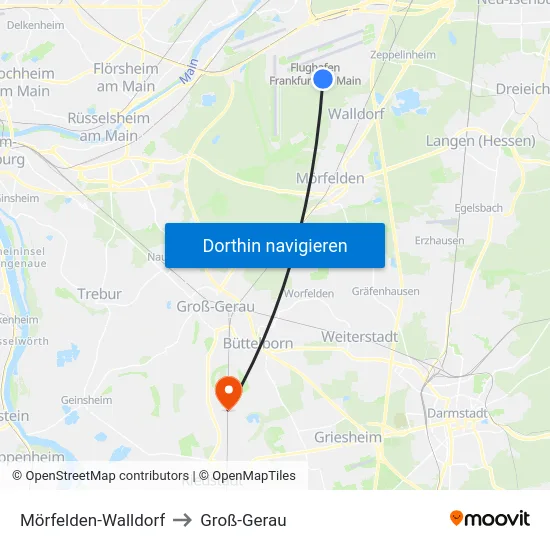 Mörfelden-Walldorf to Groß-Gerau map