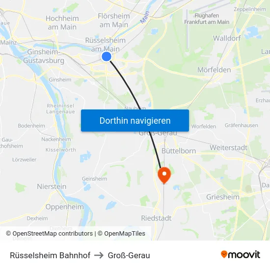 Rüsselsheim Bahnhof to Groß-Gerau map