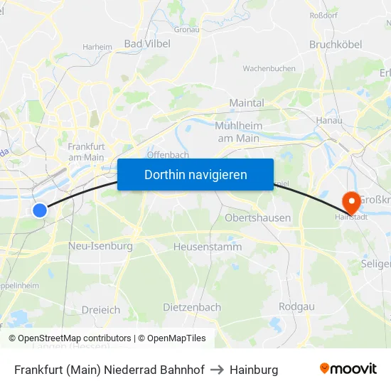 Frankfurt (Main) Niederrad Bahnhof to Hainburg map