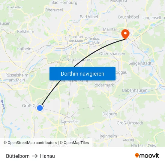 Büttelborn to Hanau map
