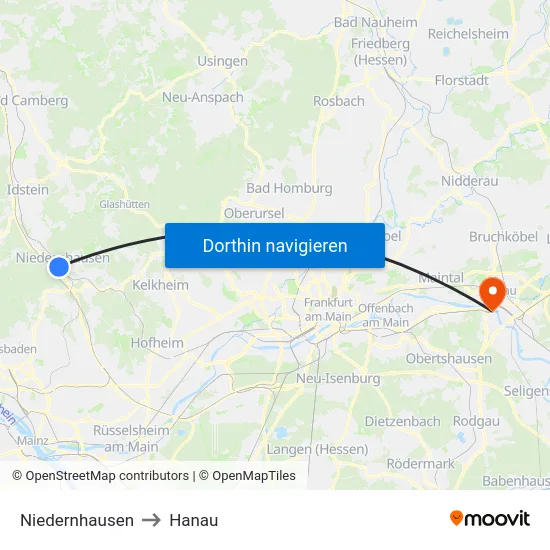 Niedernhausen to Hanau map