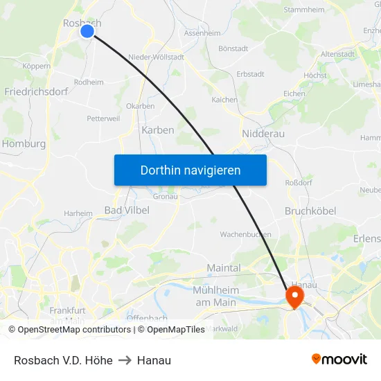 Rosbach V.D. Höhe to Hanau map