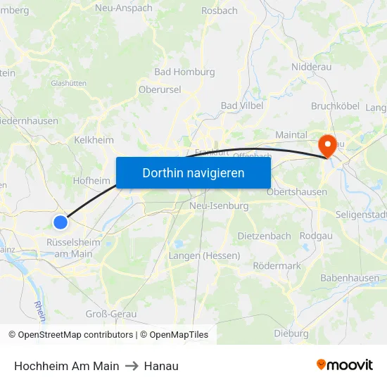 Hochheim Am Main to Hanau map