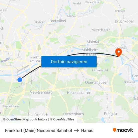 Frankfurt (Main) Niederrad Bahnhof to Hanau map
