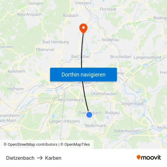 Dietzenbach to Karben map