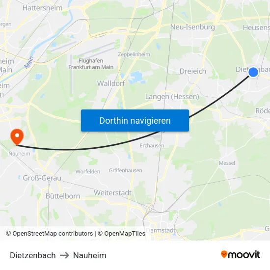 Dietzenbach to Nauheim map