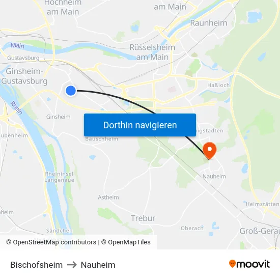 Bischofsheim to Nauheim map