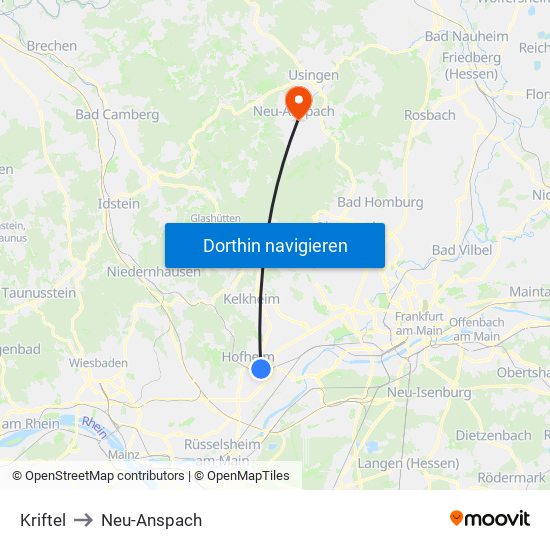 Kriftel to Neu-Anspach map