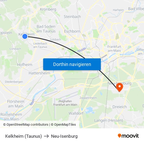 Kelkheim (Taunus) to Neu-Isenburg map