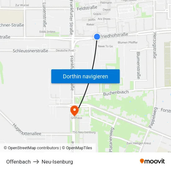 Offenbach to Neu-Isenburg map