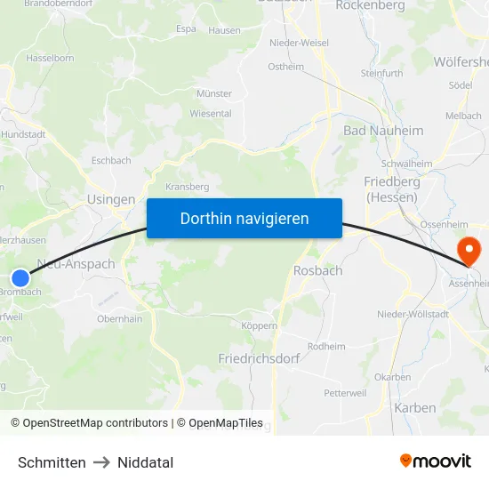 Schmitten to Niddatal map