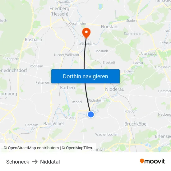 Schöneck to Niddatal map