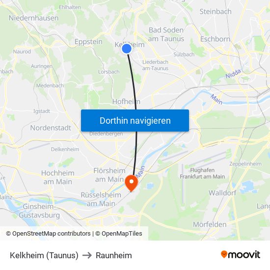 Kelkheim (Taunus) to Raunheim map