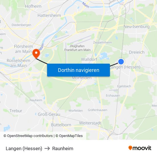 Langen (Hessen) to Raunheim map