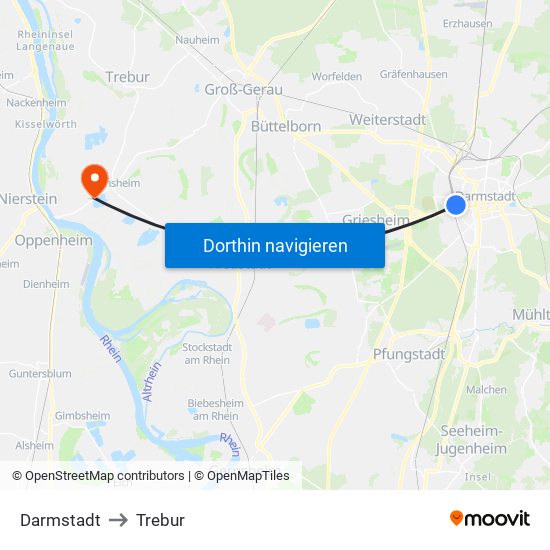 Darmstadt to Trebur map